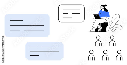 Remote learning. Visual elements remote learning include text communication, a person with a laptop, and interconnected team icons. Remote learning supports education, teamwork, training