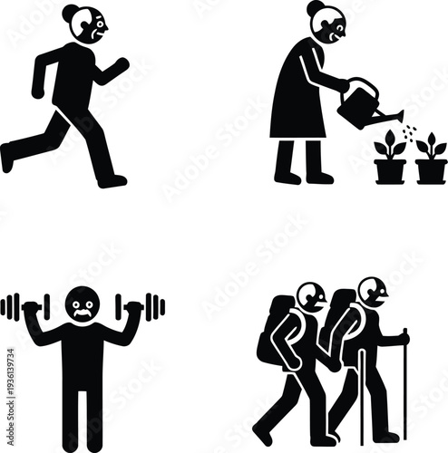 Active Seniors Icon Set - Elderly People Exercise, Running, Gardening, Weightlifting, and Hiking Vector Silhouettes for Healthy Aging, Retirement Wellness, and Vitality Concepts