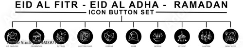 Eid Al - Fitr Icon Button icons set. contain eid envelope, hijab, ketupat, lantern, forgive, incense, celebration and more. Vector for modern concept, print, UI, UX kit, web and app development.
