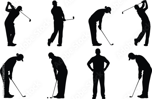 Golf player silhouettes set with swinging putting and standing poses sport athlete vector illustration collection isolated