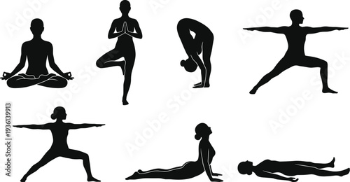 Six yoga pose silhouettes meditation tree forward bend warrior cobra corpse, fitness relaxation spiritual wellness concept, flat vector illustration