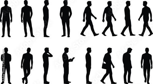 Sixteen male figure silhouettes standing walking posing, diverse postures gestures orientations, human motion posture analysis concept, flat vector illustration