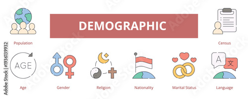 Demographic Lineal Color Banner Web Icon Set Vector Illustration
