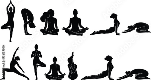 Ten yoga pose silhouettes standing seated floor positions, tree downward dog cobra child’s pose meditation balance wellness concept, flat vector illustration