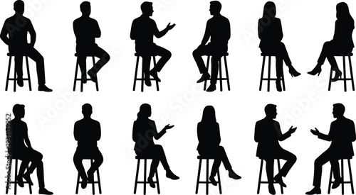 Twelve people silhouettes sitting on stools in different postures gestures, communication body language social interaction concept, flat vector illustration