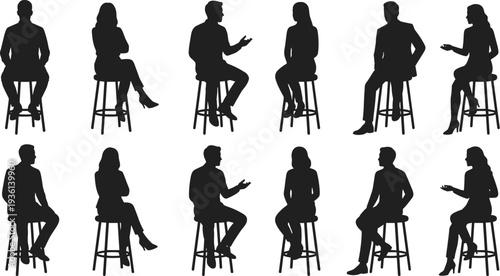 Twelve people silhouettes sitting on stools in varied postures gestures, communication body language social interaction concept, flat vector illustration