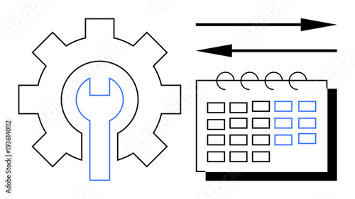 Workflow management, planning strategies, process optimization, maintenance schedules, time management, project workflow. Gear with wrench and calendar with arrows. Workflow management and planning
