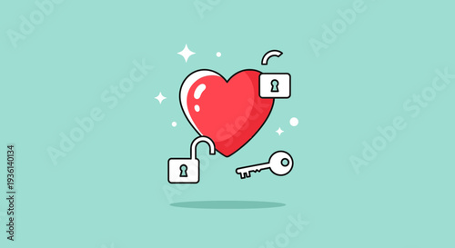 Unlock Heart Symbol with Key and Padlocks, Love Concept