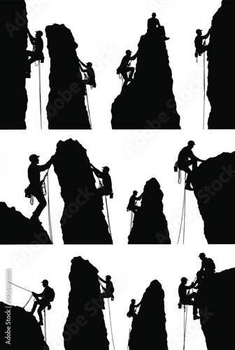 Rock climber silhouette collection on steep mountain cliffs, black vector illustration set isolated on white background for adventure, sport and outdoor design