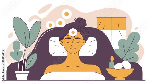 A woman relaxes in bed with white cosmetic patches on her forehead while a candle and stones sit on a side table amidst green plants.