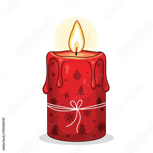 Red Candle with Flame and Decoration.
