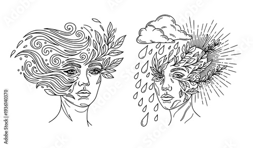 Abstract Line Faces Blended with Weather and Plants Vector Illustration