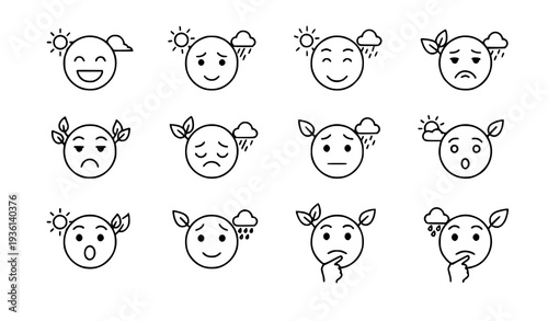 Line Face Emotions with Weather and Nature Icons Vector Set