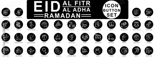 Eid Al - Fitr Icon Button icons set. contain almsgiving, dua prayer, eid envelope, cookies, donation, charity, arom oil and more. Vector for modern concept, print, UI, UX kit, web and app development.