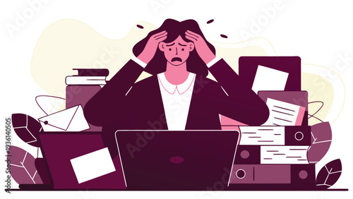 A stressed businesswoman in a dark blazer holds her head in frustration while surrounded by piles of paperwork and laptops at a cluttered desk.