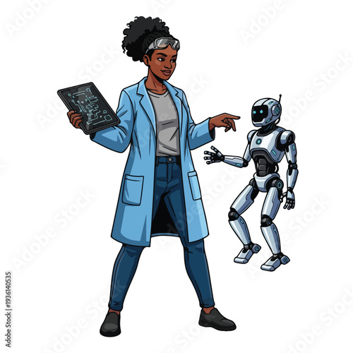 Woman Scientist Interacting with Robot Assistant.