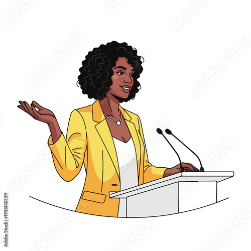 Woman Speaking at Podium with Microphones.