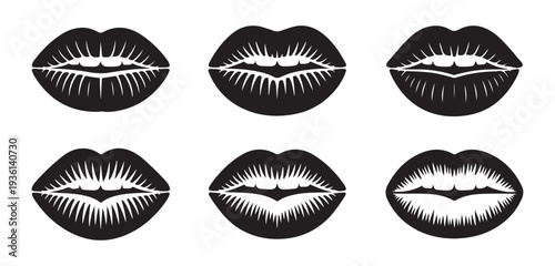 Six bold lip icons with strong shading demonstrating different mouth shapes and styles