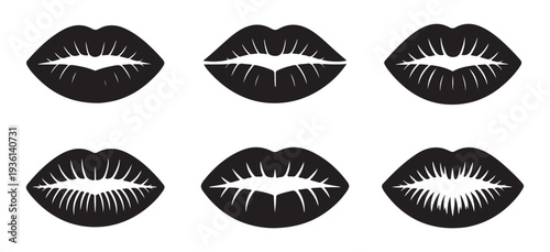 Six stylized lips icons with detailed shading variations for beauty and fashion design elements