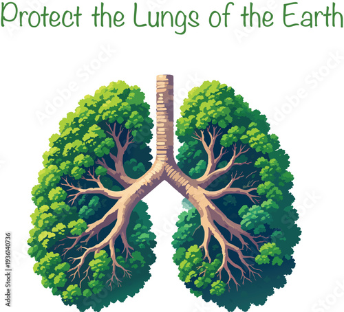 Illustration of lungs made of green trees on a white background representing environmental protection.