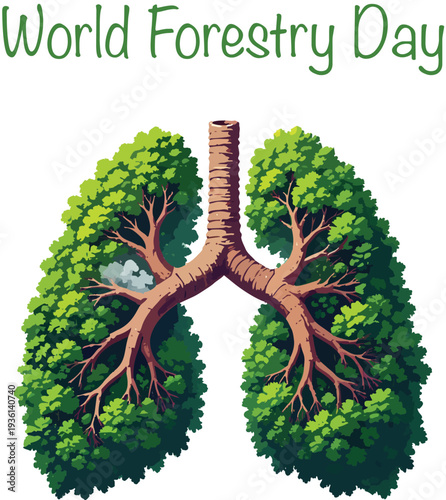 Illustration of lungs made of green trees on white background for World Forestry Day with symbolic foliage and branches.