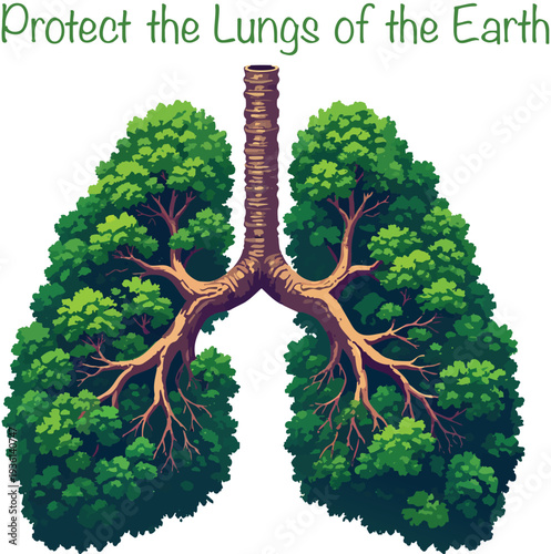 Illustration of lungs made of green trees with brown branches on a white background representing environmental protection.
