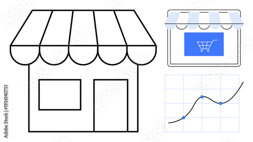 E-commerce, business growth, online shopping, retail sales, market trends, economic performance. A storefront icon, digital shopping cart and data chart showing upward growth. E-commerce