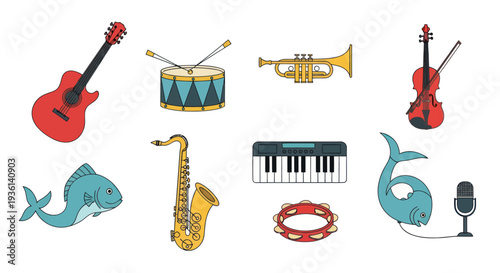 Cartoon musical instruments and fish