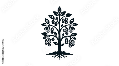 Stylized flat black illustration of a money tree with dollar signs on leaves and coins as fruit, symbolizing financial growth and yield farming.