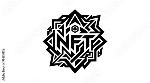 Geometric flat black icon with intricate patterns forming the letters NFT, representing non-fungible tokens and digital art.