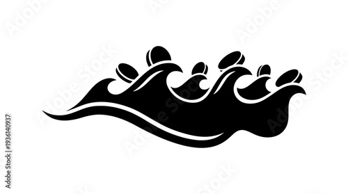 Abstract flat black icon depicting a liquidity pool with coins floating on stylized waves, representing cryptocurrency and financial markets.