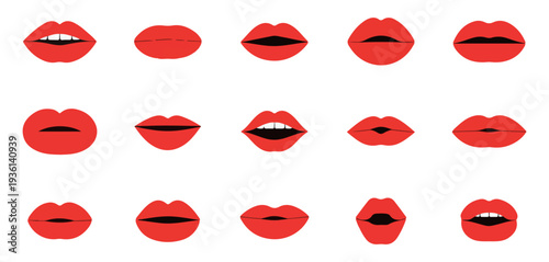 Vibrant red lips set showing various expressions and mouth shapes on white background