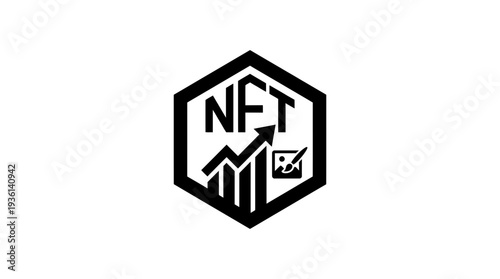 Flat black icon symbolizing an NFT marketplace with a rising graph, image icon, and hexagon shape, representing digital art and trading.