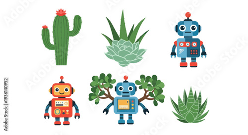 Cartoon robots and plants collection