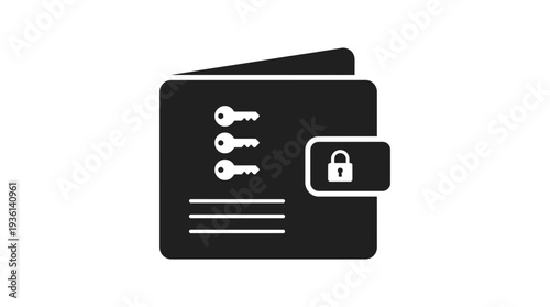 Flat black silhouette icon of a wallet with keys and a lock symbol, representing digital security and cryptocurrency storage solutions.