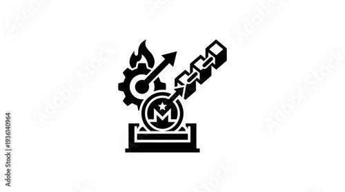 Flat black icon illustrating the minting process with gears, fire, a rising arrow, and a coin in a mold, symbolizing cryptocurrency creation.