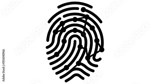 Flat black biometric fingerprint icon with digital circuit pattern, representing secure identity verification and technology.