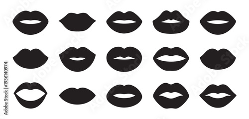 Collection of black lips and mouth icons with diverse shapes and expressions on white background