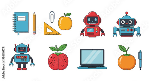 Cartoon robots and school supplies illustration