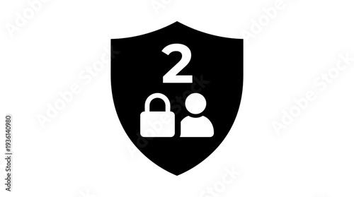 Flat black shield icon with '2' and icons for a lock and two people, symbolizing two-factor authentication and enhanced security.