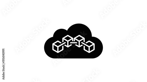 Cloud icon with a blockchain chain of cubes, representing secure decentralized data storage, digital currency, and distributed ledger technology.