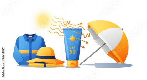 Sun protection accessories including sunscreen hat shirt and umbrella for outdoor activities with uv protection measures