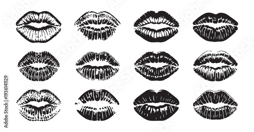 Collection of black lipstick kiss prints, artistic and textured, ideal for unique design backgrounds