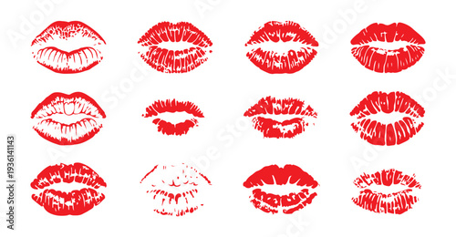 Vibrant red lipstick kiss marks, detailed and energetic, perfect for adding flair to designs