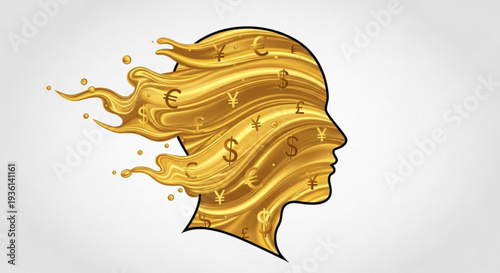 Golden liquid flowing from a human head profile with currency symbols luxury wealth concept abstract financial success illustration golden