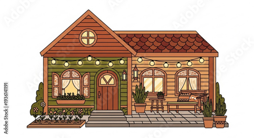 Cozy cartoon house with patio and decorative lighting ideal for relaxation and leisure activities