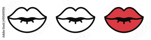 Simple stylized lips icons, outline and filled versions in black and red for design