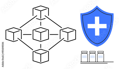 Blockchain, healthcare security, vaccine distribution, medical records, data protection, logistics. Network of interconnected blocks, shield with a cross vaccine vials. Healthcare security and data