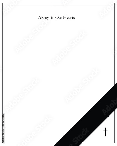 white frame for text for funeral with black ribbon.