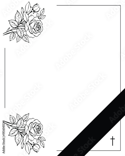 white frame for text for funeral with black ribbon.and roses. 